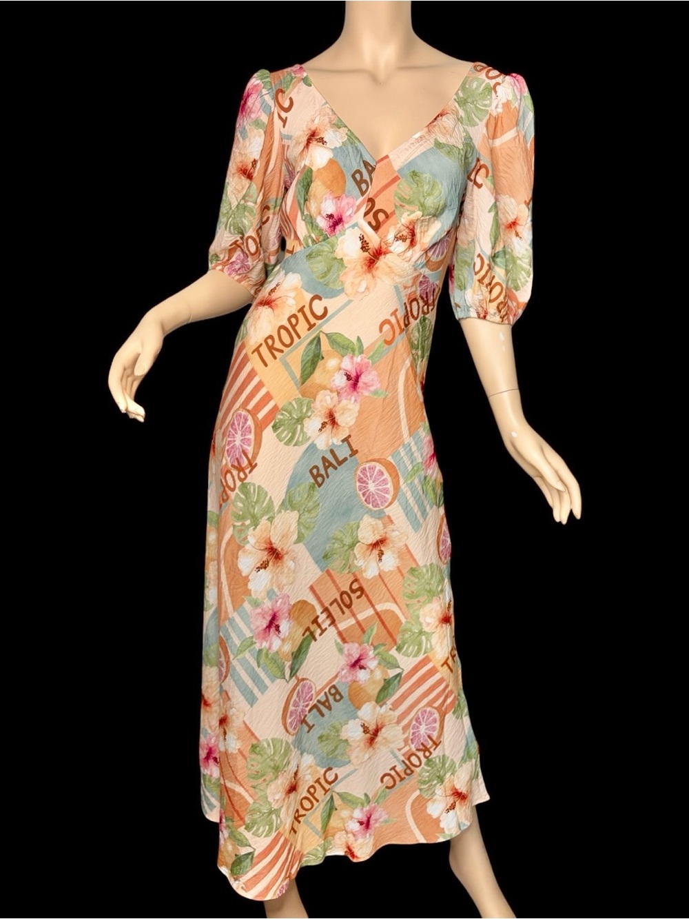 New Look Maxi Dress Puff Sleeve V Neck Crinkle Tropical Floral Print Size Medium